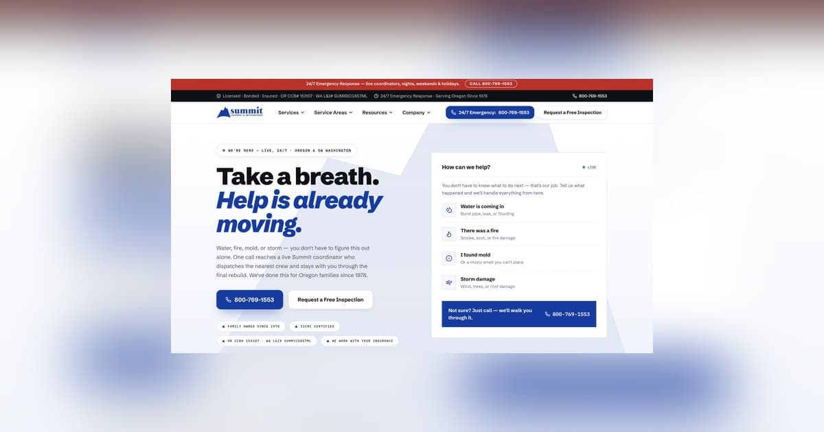 Summit Cleaning & Restoration Launches Redesigned Website Ahead of Oregon Wet Season