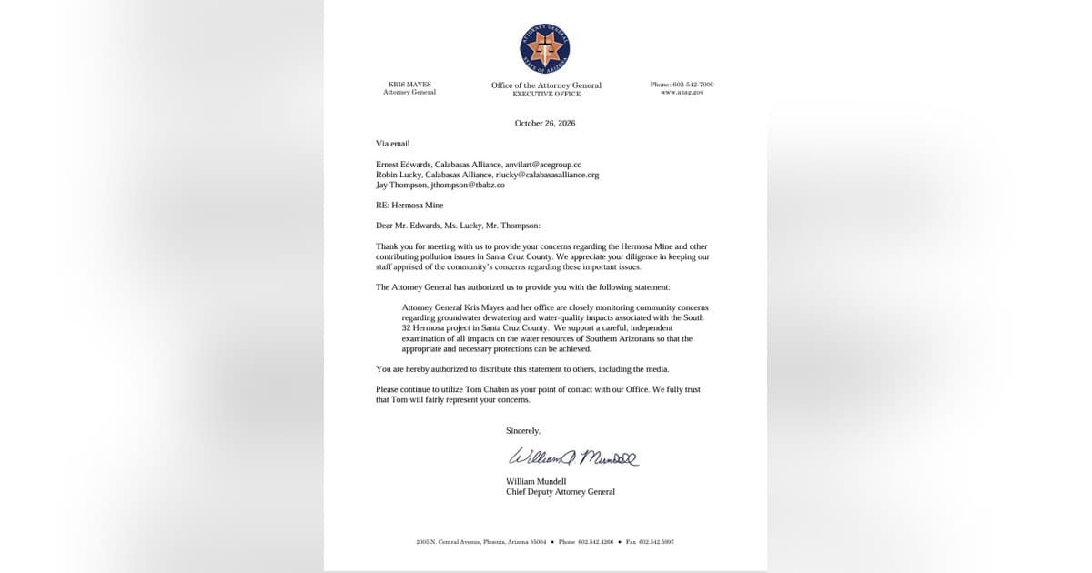 Arizona Attorney General Kris Mayes Supports Independent Examination of South32 Hermosa Mining Project Water Impacts