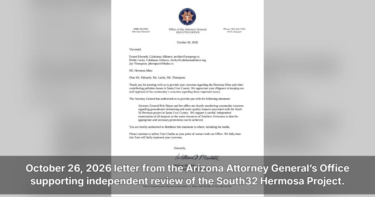 Arizona Attorney General Kris Mayes Supports Independent Examination of South32 Hermosa Mining Project Water Impacts
